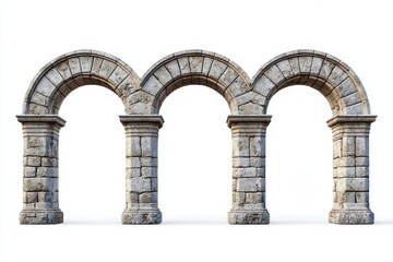 Fototapeta premium Three weathered stone semicircular arches on carved pillars with stacked block masonry, isolated on white background, evoking a calm timeless presence
