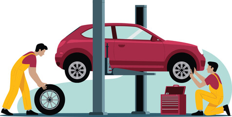 Car mechanic workers repairing vehicle on hydraulic lift hoist in auto service garage shop vector illustration