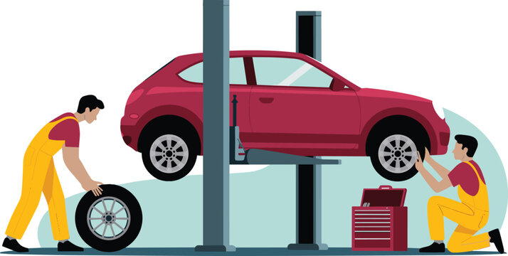 Car mechanic workers repairing vehicle on hydraulic lift hoist in auto service garage shop vector illustration