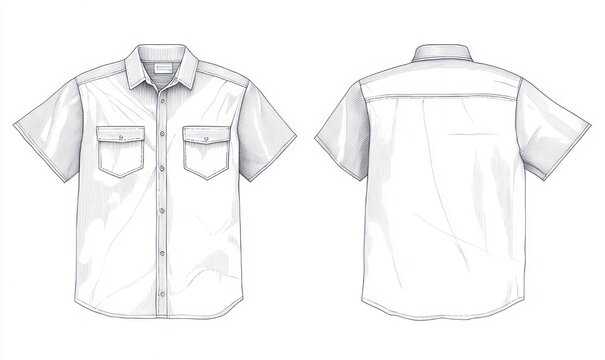 pencil technical sketch of a short-sleeve button-up collared shirt showing front and back views with chest pockets, buttons, seams, yoke and curved hem, clean precise mood