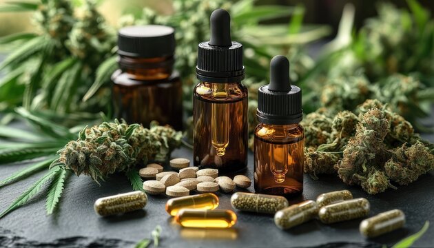 Soothing natural wellness arrangement of cannabis buds and leaves with amber dropper bottles, oil softgels, capsules and herbal tablets on a dark slate surface
