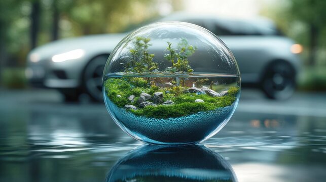 glass sphere terrarium with miniature trees, moss, rocks and tiny bird figures on a reflective wet surface, blurred car in background, serene protective mood