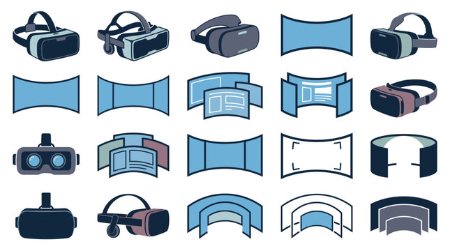 Virtual reality VR headsets and panoramic screen icons.