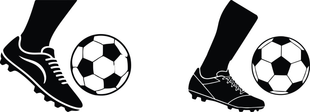 Soccer Player Foot Kicking Football Ball Silhouette Icon Set Vector Illustration
