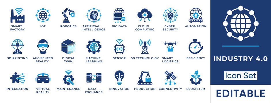 Industry 4.0 and smart manufacturing solid icon set. Includes symbols for Artificial Intelligence, Digital Twin, and Cloud Computing. Vector icons for industrial automation and future technology.