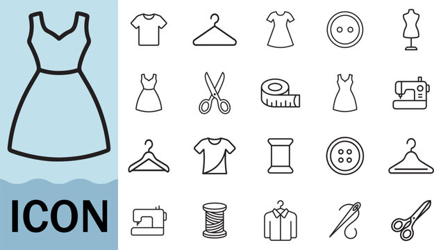 Sewing and fashion icons for clothing design and tailoring