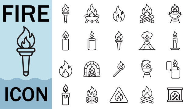 Fire icons camp torch candle volcano match lighter vector