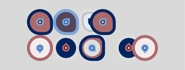 Naklejka premium Colorful circular designs resembling eyes. Patterns include blue, pink, gray tones. Minimalist aesthetic, possibly protective amulets or symbols.
