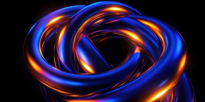 Three interlocking glossy metallic blue and orange torus rings with bright reflective highlights on a black background, a futuristic abstract sculpture evoking dynamic energy and motion