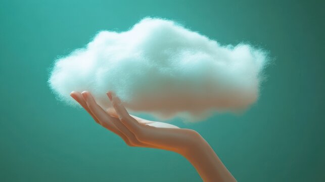 single outstretched hand gently cradling a fluffy cloud against a teal background, evoking calm wonder