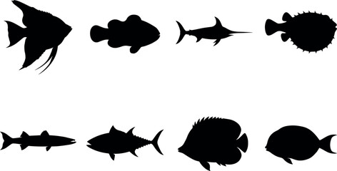 Collection of black fish silhouettes including angelfish swordfish tuna pufferfish and diverse marine sea life © ROUNOK