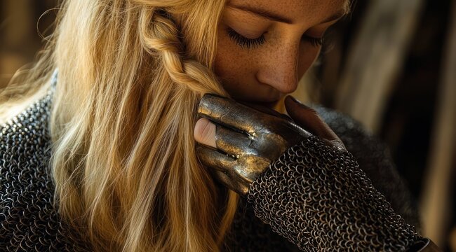 pensive armored figure with braided blonde hair, wearing chainmail and a metal gauntlet, hand resting on blurred face