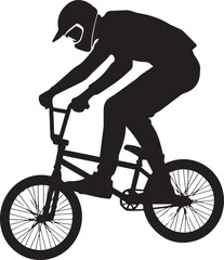 Obraz premium Silhouette of cyclist riding bike in motion, athletic bmx rider helmet, silhouette style isolated on white background for sports design