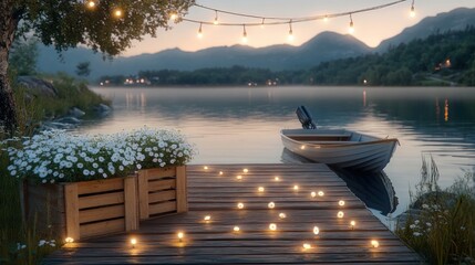 Fototapeta premium wooden dock at twilight with a planter of white daisies, glowing string lights and scattered fairy lights beside a moored rowboat on a misty mountain lake, serene and romantic