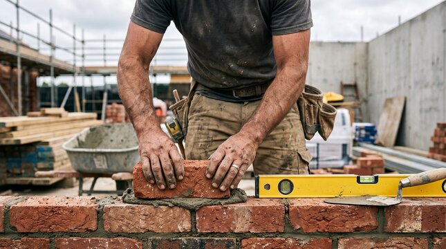 Professional bricklayer building a brick wall on construction site