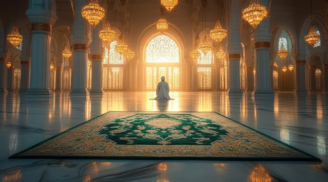 solitary worshipper kneeling on green prayer rug inside grand mosque interior with marble columns, ornate arches and golden chandeliers bathed in warm light, serene and reverent atmosphere