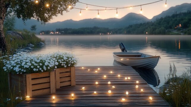 wooden dock at twilight with a planter of white daisies, glowing string lights and scattered fairy lights beside a moored rowboat on a misty mountain lake, serene and romantic