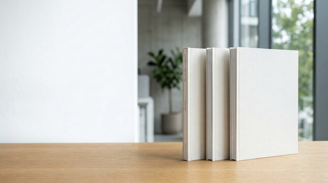 Three blank white hardcover books standing on a wooden table in a bright modern minimalist office interior mockup