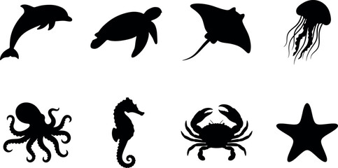 Collection of black sea animal silhouettes including dolphin turtle stingray jellyfish octopus seahorse crab and starfish © ROUNOK