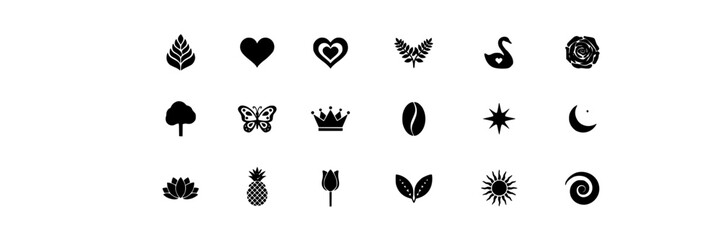 Fototapeta premium Symbols Featuring Nature, Objects, and Celestial Elements in Black and White Vector Icons Featuring Heart, Butterfly, Crown
