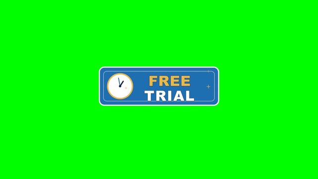 4K green screen FREE TRIAL animated title - a badge pops in with a clock and sparkles, kinetic typography motion graphics intro overlay, chroma key