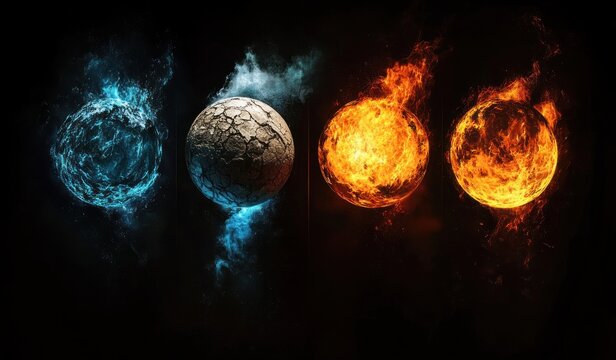Four elemental spheres: a swirling water orb, cracked dry earth globe, and two blazing fire orbs against a dark background, radiating intense mystery and power