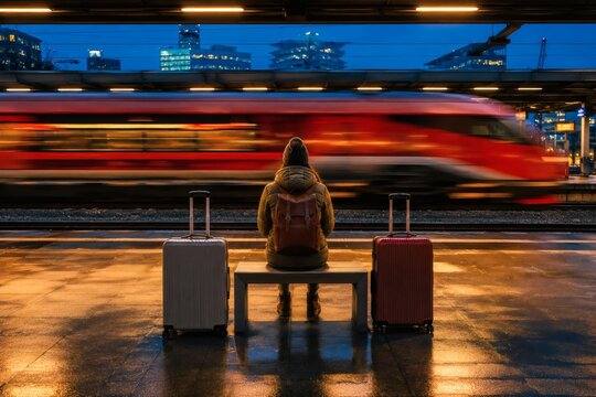 Traveler waiting at train station with luggage and passing high speed train at night