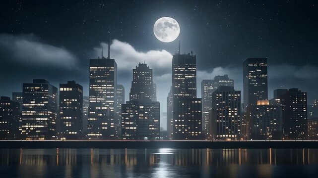 City skyline illuminated by moonlight with shimmering reflections and vibrant nightscape urban atmosphere