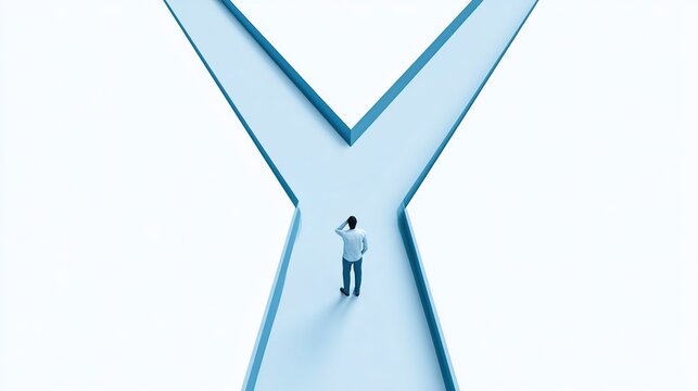 High-angle full frame graphic with tiny miniature male standing at light blue Y-shaped fork path with dark blue border lines, solid clean white backdrop, man gazing toward split routes symbolizing cho