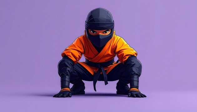 Young Ninja in Orange and Black Outfit Crouching on Purple Background.