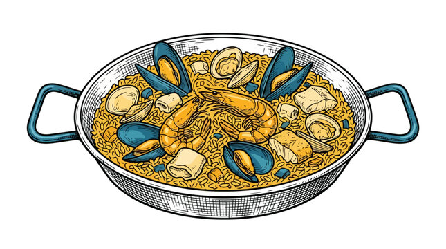 Traditional seafood paella in metal cooking pan.