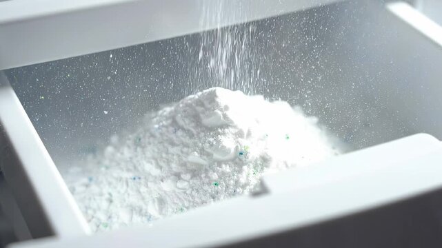 fine powder pouring into a plastic compartment, forming a soft mound as grains accumulate. Subtle rotation highlights texture, flow dynamics, and precision dosing in a clean setting