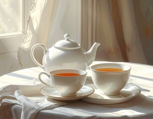 Fototapeta premium Tea Served in Elegant White Ceramic Teacups and Teapot Bathed in Morning Sunlight Perfect for Relaxation