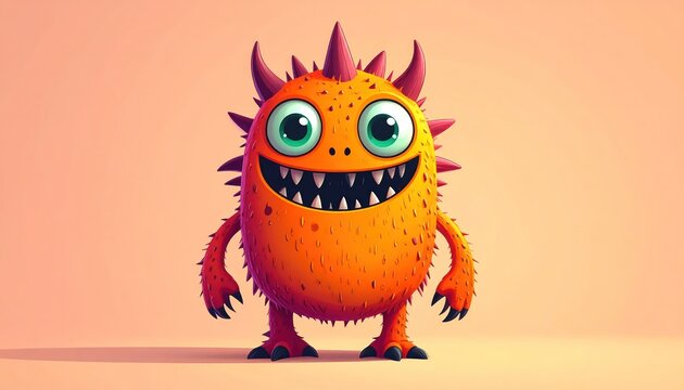 Cheerful Orange Monster with Spikes and Big Eyes Smiling on Peach Background.