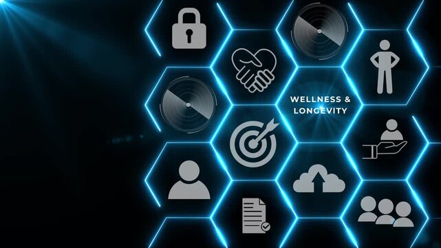 Wellness and Longevity Concept. A medical professional interacts with a digital interface displaying wellness and longevity icons, promoting health and long-term well-being