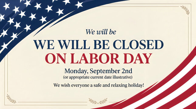 We will be closed sign for labor day holiday with american flag border design for business store