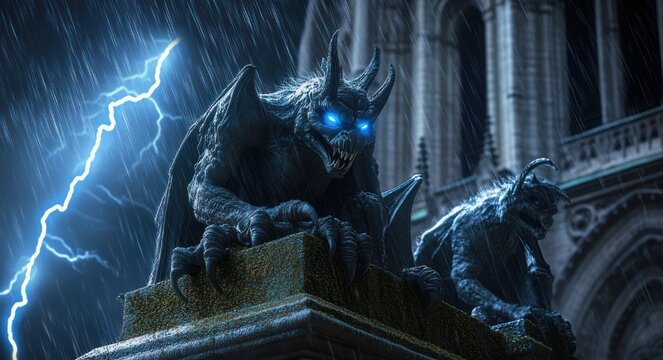 menacing stone gargoyles with glowing blue eyes perched on a cathedral ledge in pouring rain and lightning, ominous stormy night scene