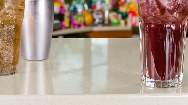 Smooth composite table surface in a cafe with cold summer drinks and iced cocktail ready for menu template or product display