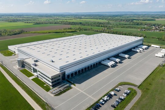 Aerial View of Modern Distribution Warehouse and Logistics Center with Loading Docks, Industrial Facility, Supply Chain and Commercial Infrastructure Concept