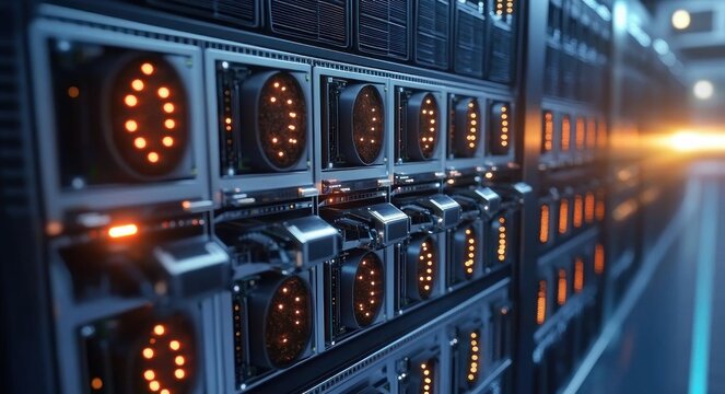Close-up row of rack-mounted servers with glowing orange LED arrays in a cool blue data center, conveying precision, power and futuristic efficiency