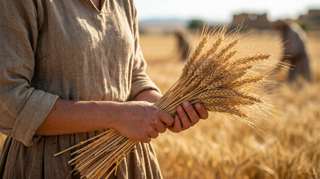 Ruth faithfully gleaning leftover wheat stalks in the sunny fields of Boaz. Biblical story of loyalty and providence