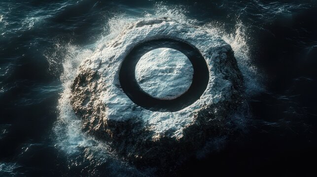 isolated circular rocky islet with a dark ring and central depression surrounded by turbulent ocean waves and spray, dramatic and mysterious mood