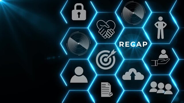 Recap business, economic, market, budget, financial and meeting report concept. Business summary and overview for planning and develop. Businessman touching on RECAP words on smart screen background
