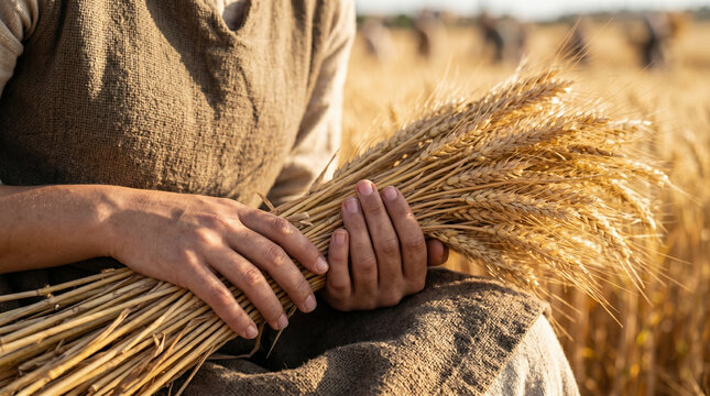 Ruth faithfully gleaning leftover wheat stalks in the sunny fields of Boaz. Biblical story of loyalty and providence