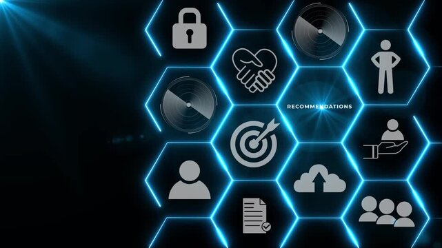 Recommendations and business solutions concept. Businessman interacting with a digital interface displaying various business icons, emphasizing recommendations and strategic planning.
