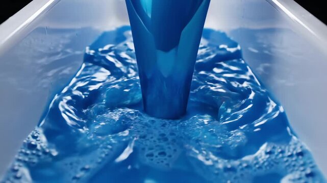 blue liquid detergent pouring into a washing machine drawer, forming thick glossy waves and foam as it spreads outward, highlighting texture, viscosity and cleaning product flow in detail