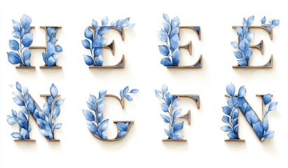 Obraz premium Grid of eight ornate serif letters with gold edges entwined with blue watercolor leaves on a white background, elegant and serene botanical typography