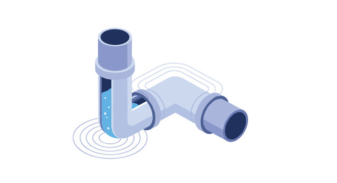 Isometric engineering diagram of a plumbing PVC elbow pipe showing flowing blue water inside the tube.