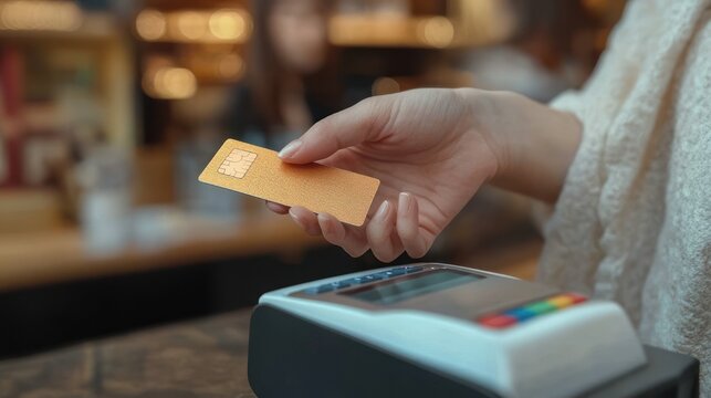 Close-up of a hand holding a gold payment card over a card reader at a counter in a warm blurred caf&eacute;, conveying a calm cashless transaction