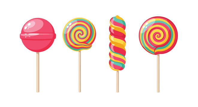 Collection of four colorful retro lollipops in various shapes and swirly patterns isolated on a white background.